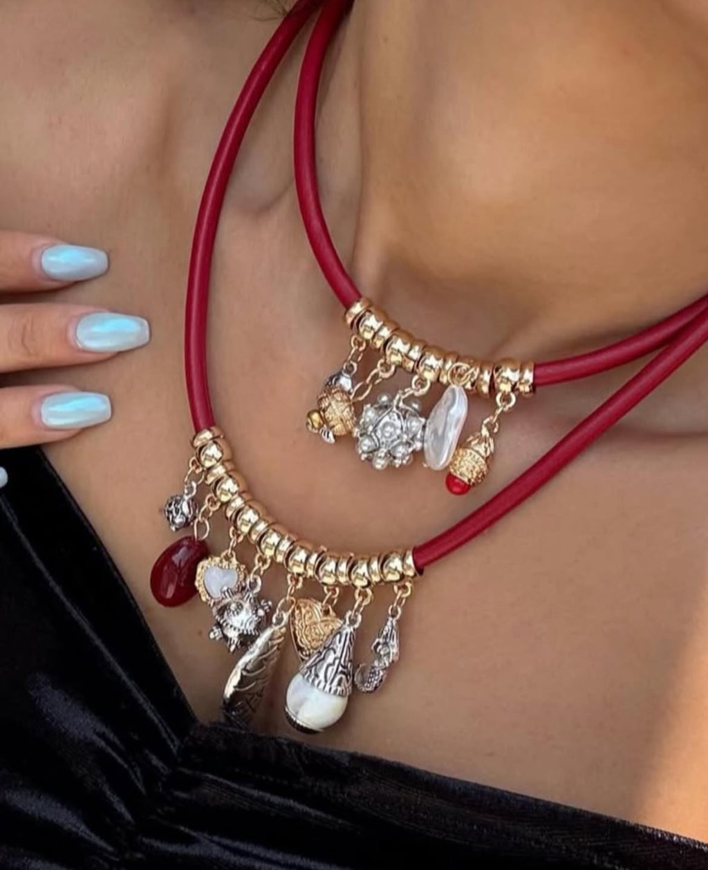 Red cord layered necklace with charms