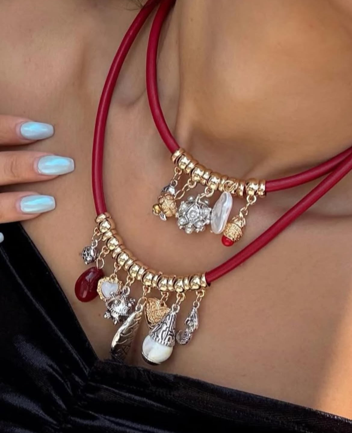 Red cord layered necklace with charms