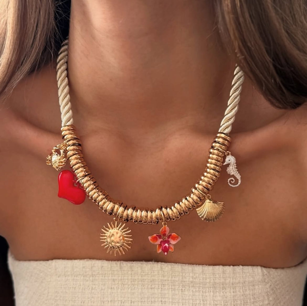 Cord necklace with golden charms