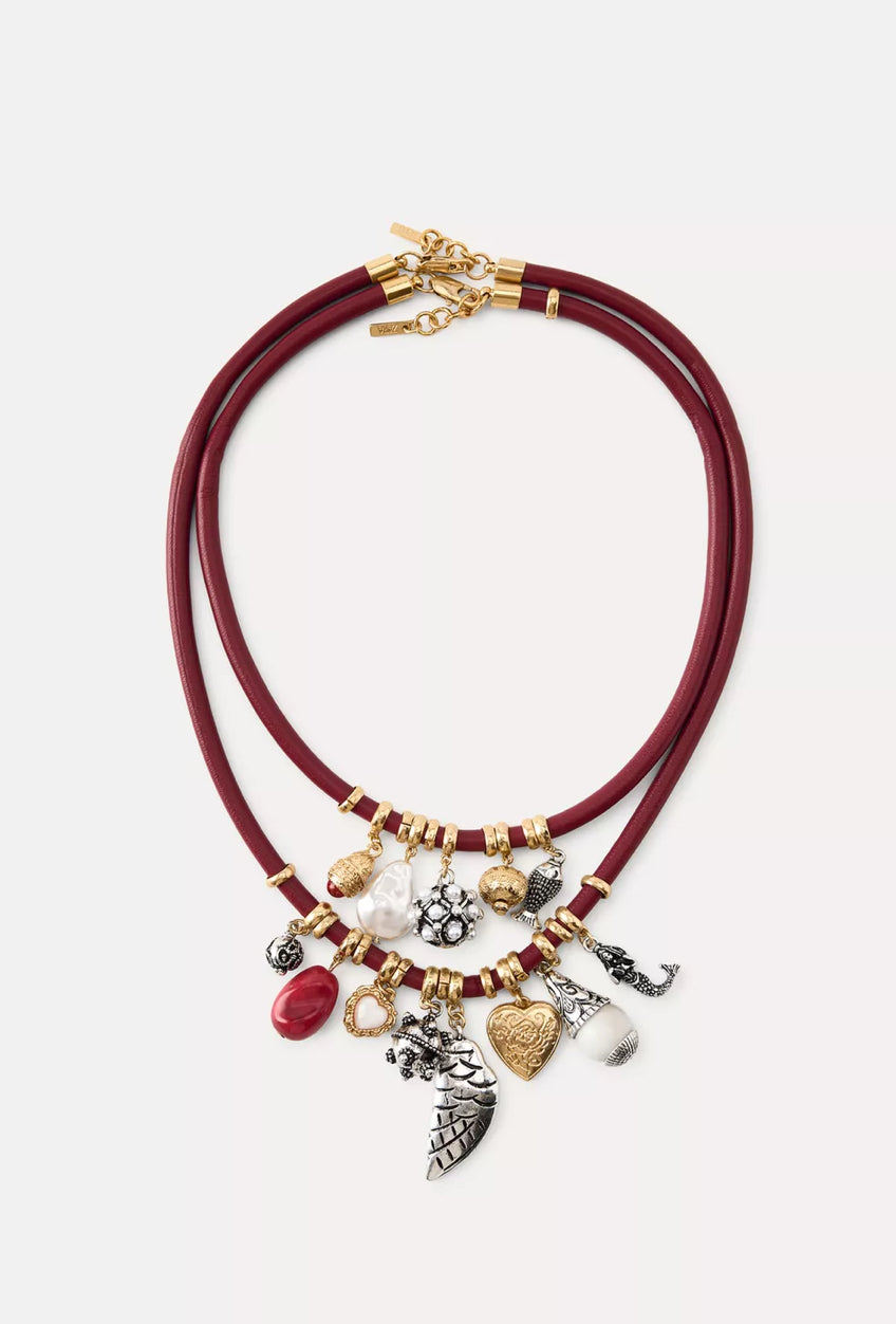 Red cord layered necklace with charms